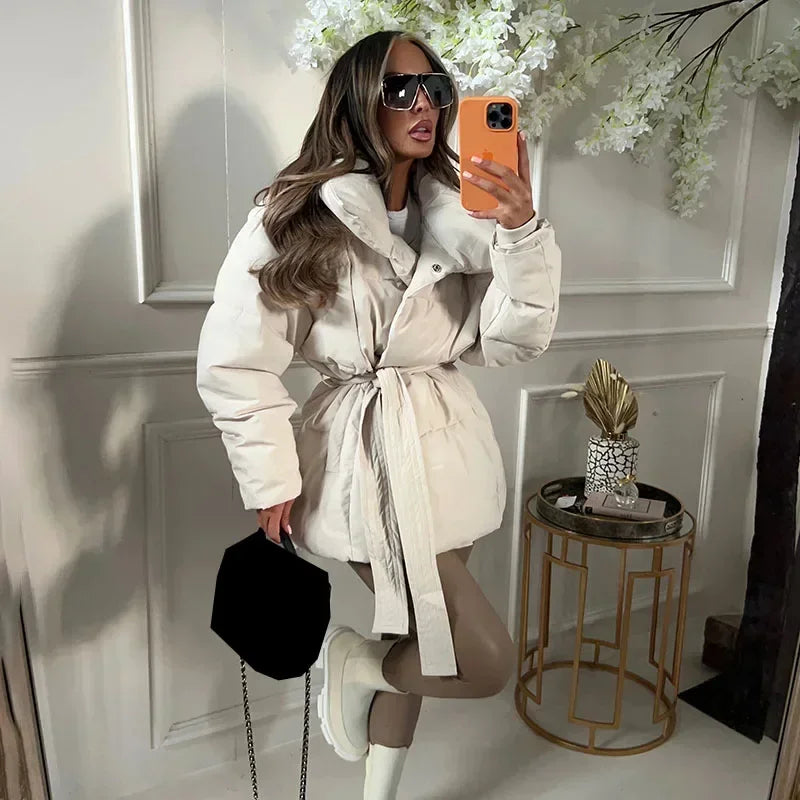 Women's Padded Belted Stand Collar Puffer Coat
