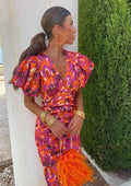 Women's Casual Printed Midi Dress with Puff Sleeves