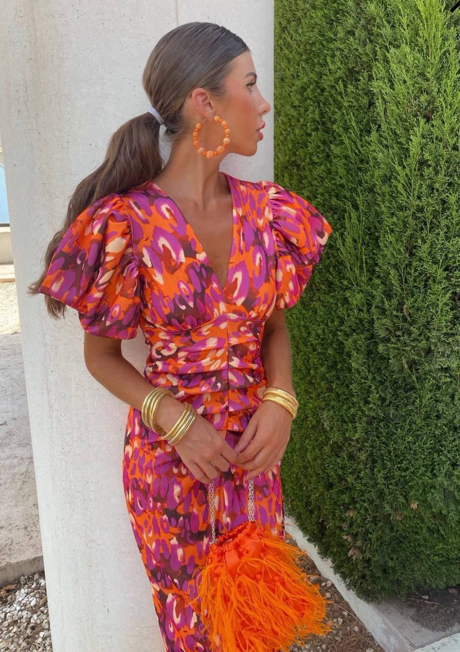 Women's Casual Printed Midi Dress with Puff Sleeves