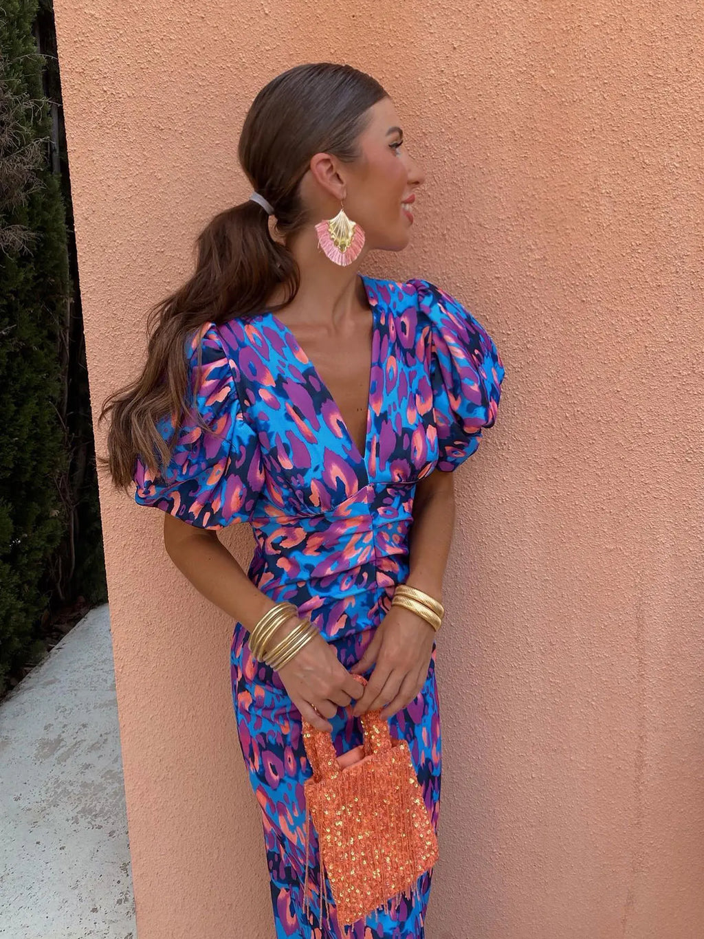 Women's Casual Printed Midi Dress with Puff Sleeves