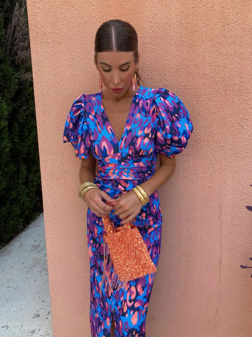 Women's Casual Printed Midi Dress with Puff Sleeves