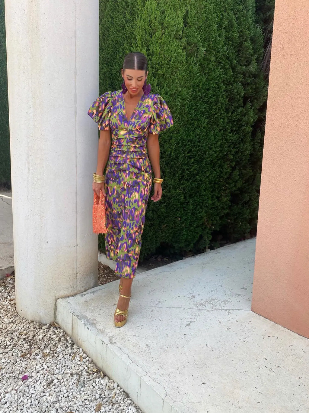 Women's Casual Printed Midi Dress with Puff Sleeves