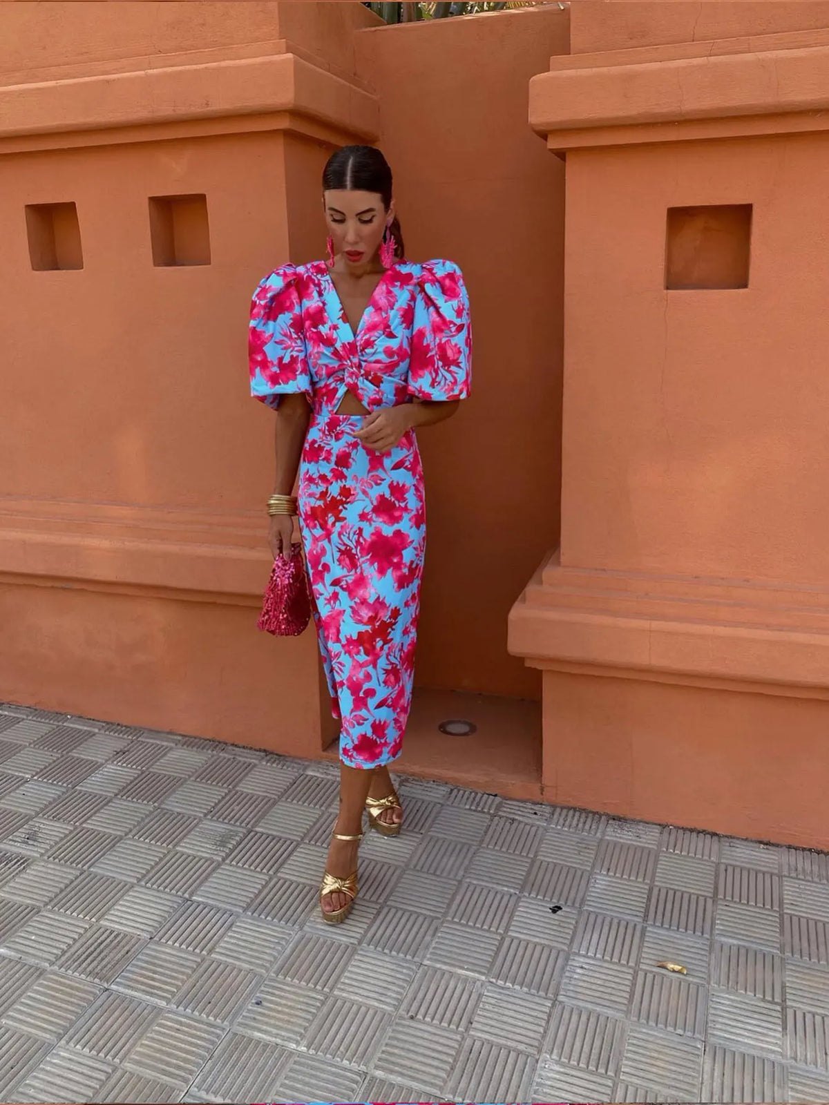 Women's Casual Printed Midi Dress with Puff Sleeves