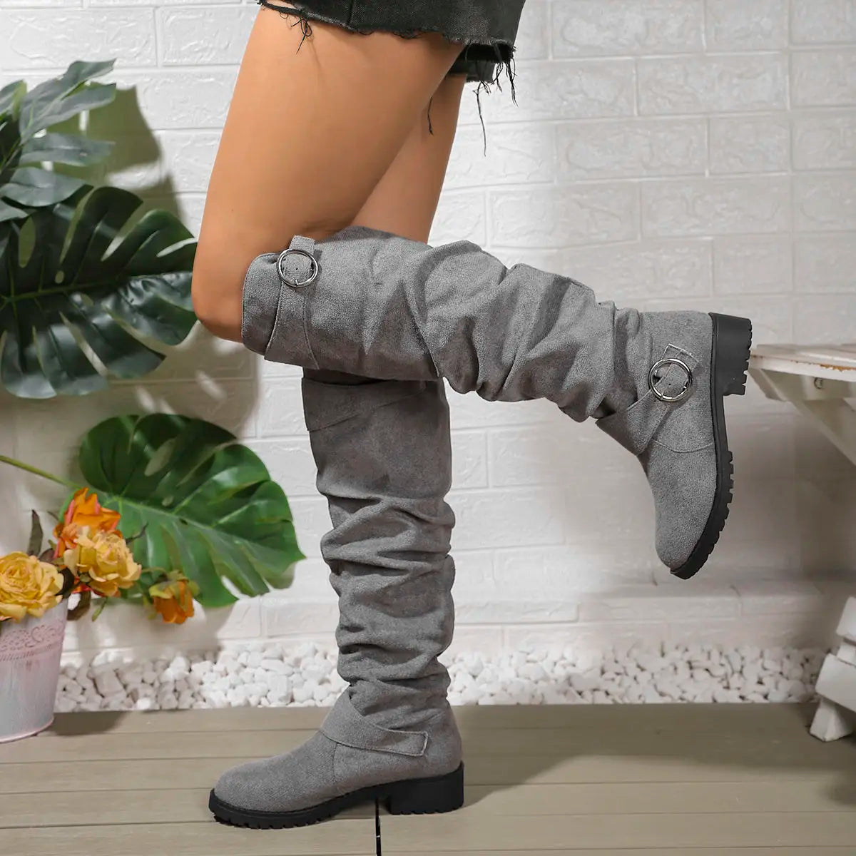 Women's Knee-High Slouchy Boots with Buckle Accent