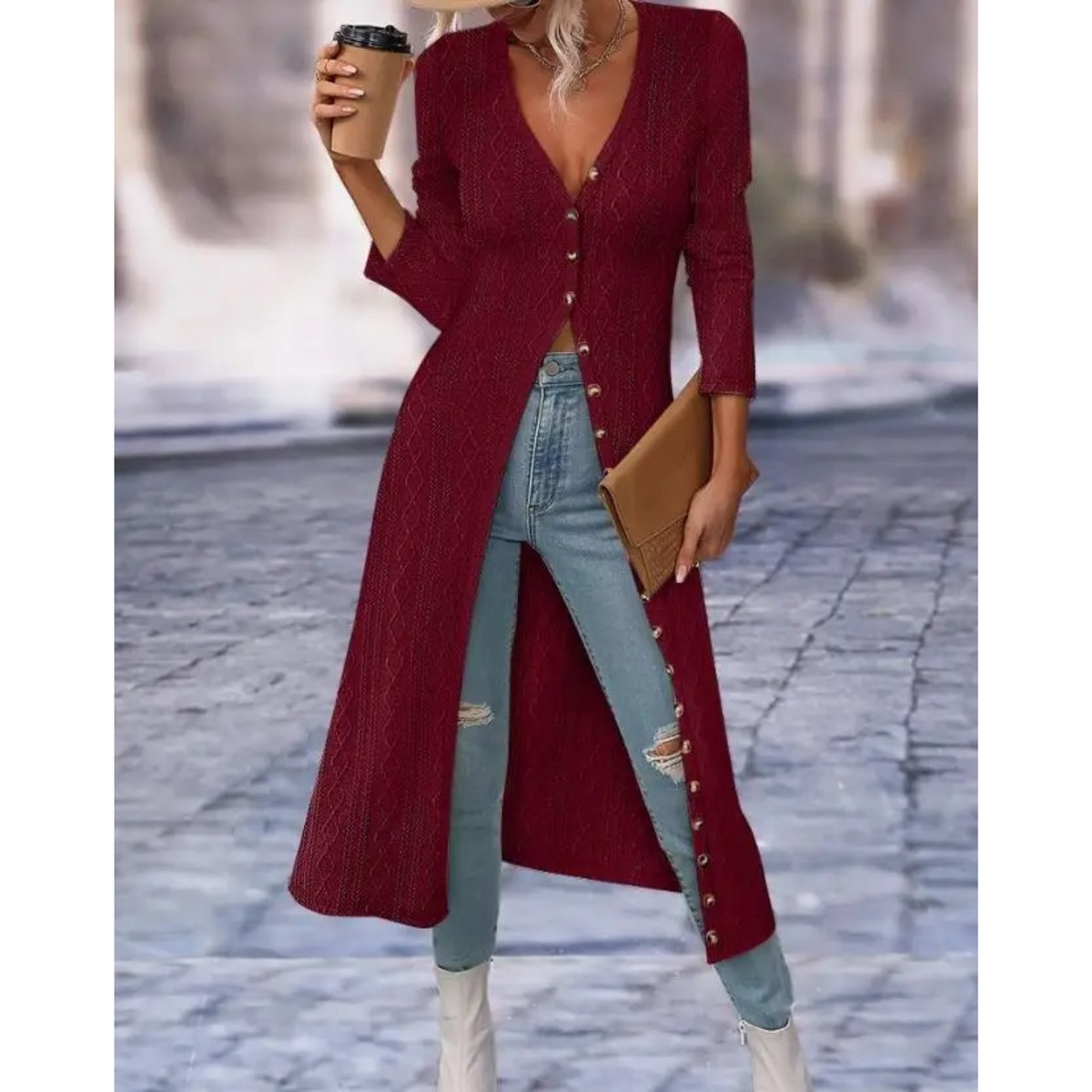 Women's Light Button-Front Jacket with Deep V Neckline