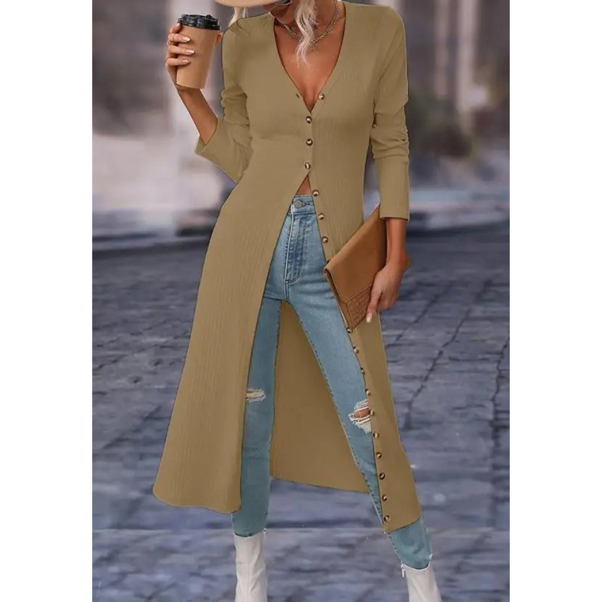Women's Light Button-Front Jacket with Deep V Neckline