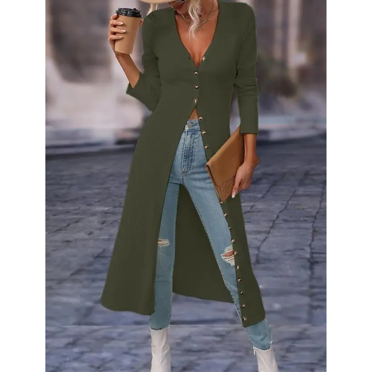 Women's Light Button-Front Jacket with Deep V Neckline