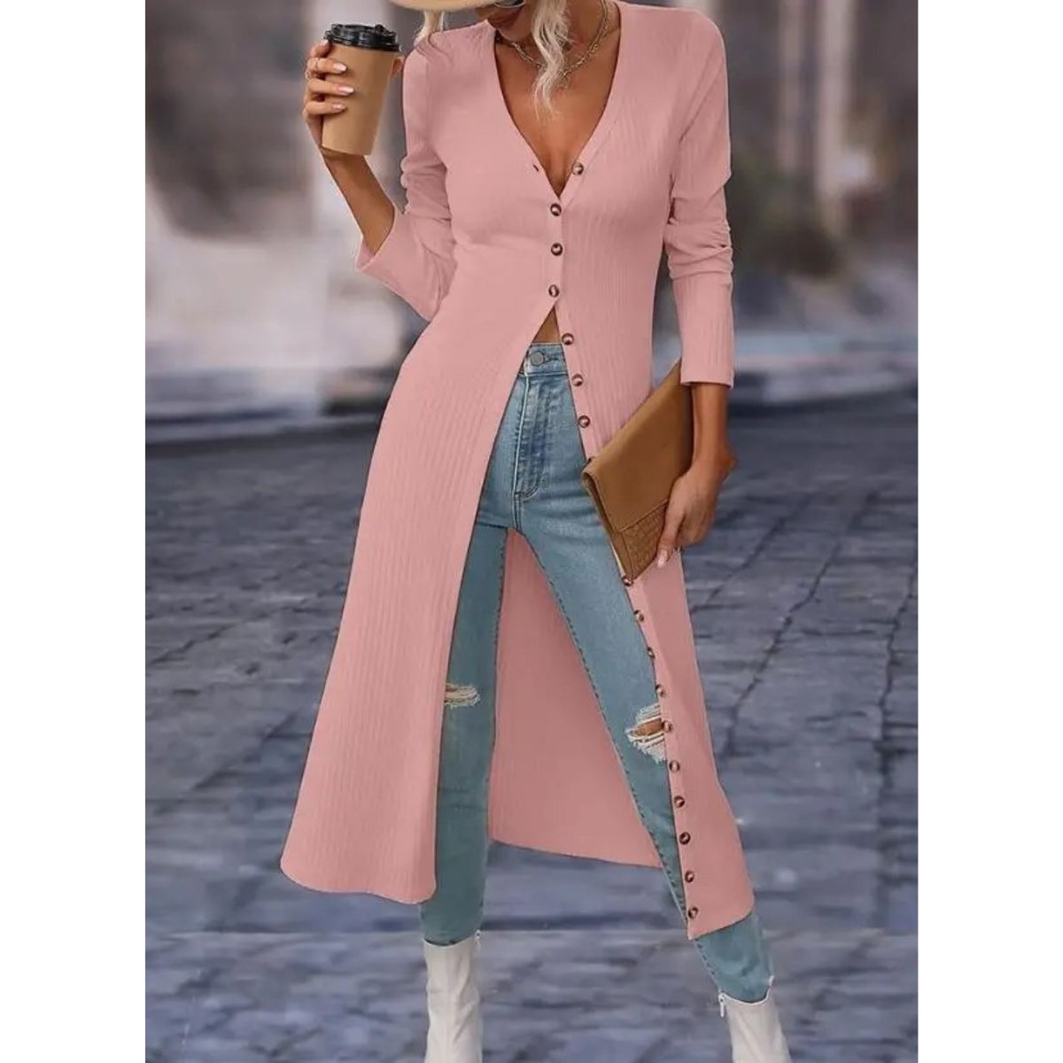 Women's Light Button-Front Jacket with Deep V Neckline