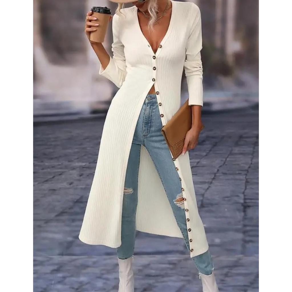 Women's Light Button-Front Jacket with Deep V Neckline