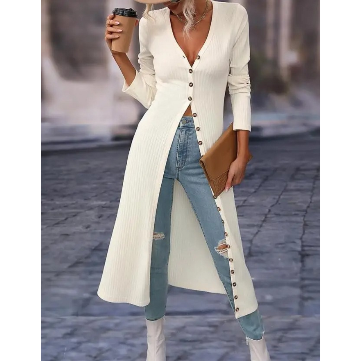 Women's Light Button-Front Jacket with Deep V Neckline