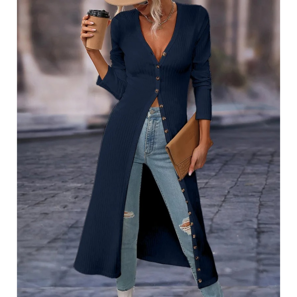 Women's Light Button-Front Jacket with Deep V Neckline