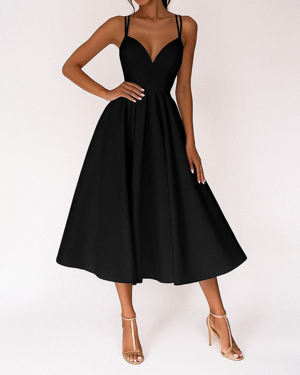 Women's Elegant A-Line Midi Dress with Delicate Straps