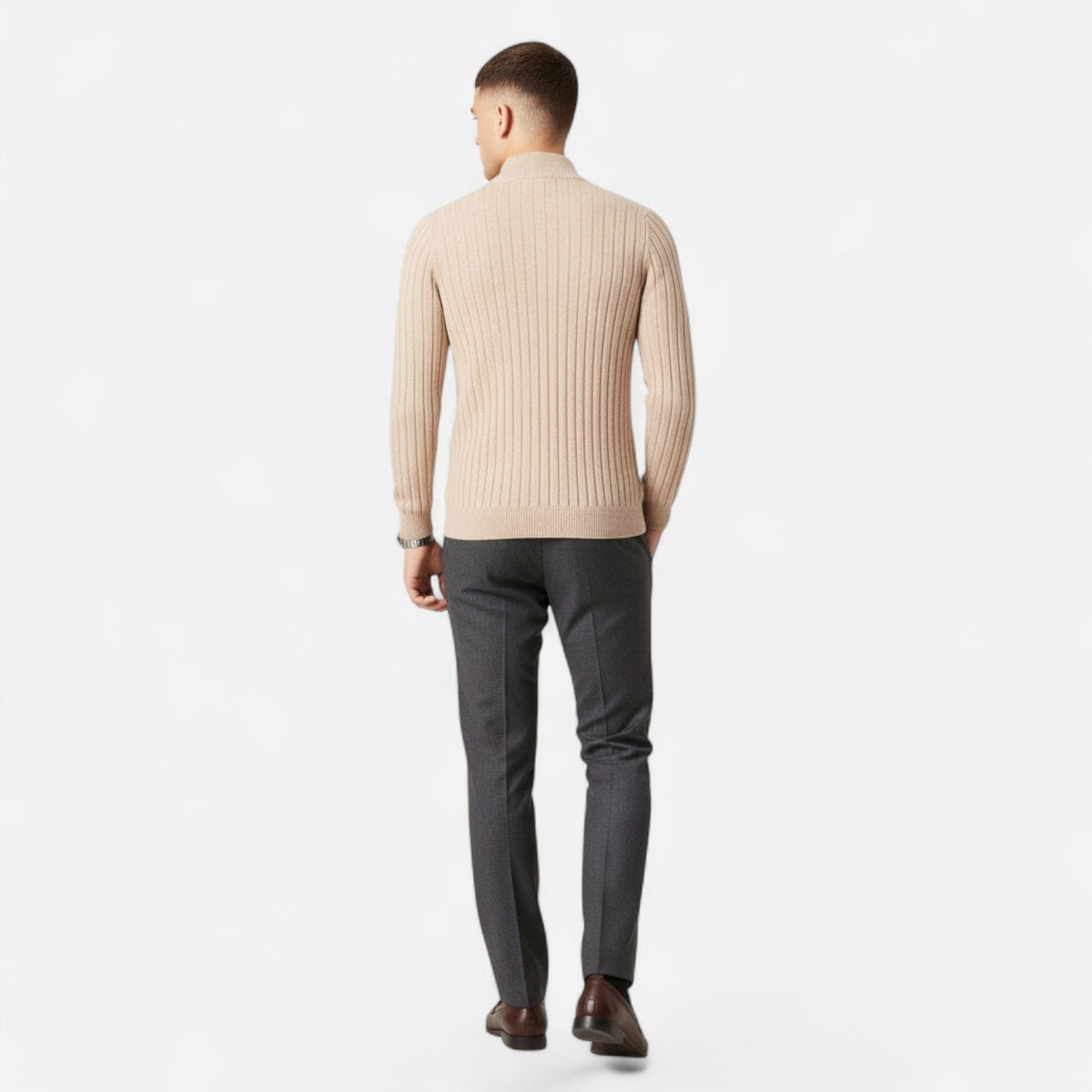 Men's Fine Vertical Rib Zip Neck Knitted Sweater