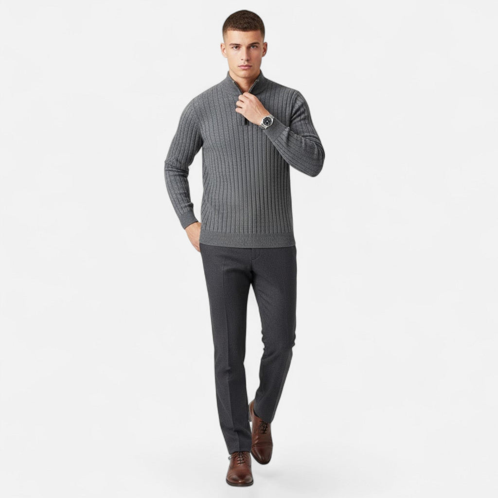 Men's Fine Vertical Rib Zip Neck Knitted Sweater
