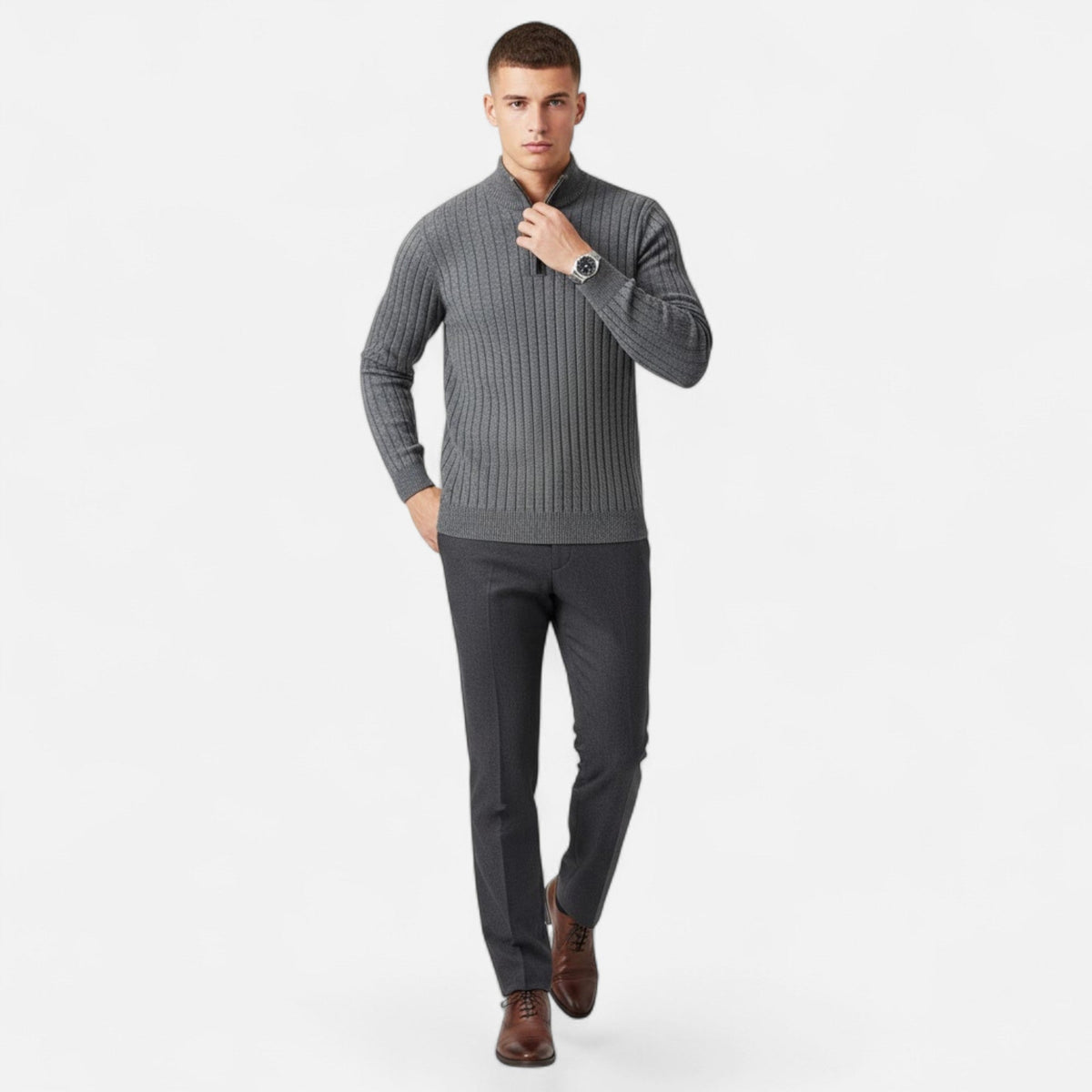 Men's Fine Vertical Rib Zip Neck Knitted Sweater