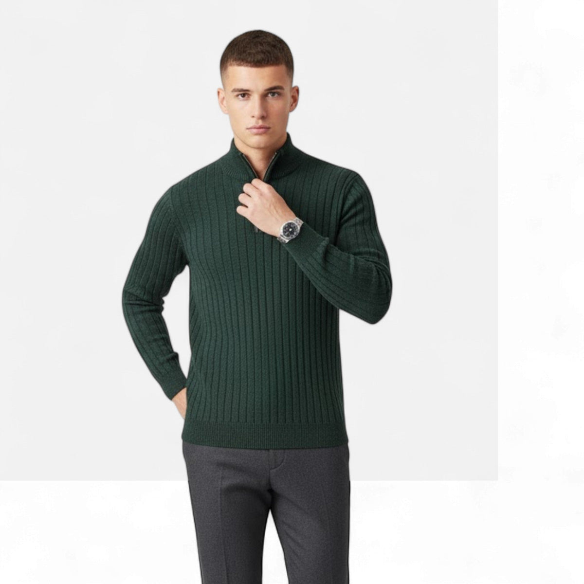 Men's Fine Vertical Rib Zip Neck Knitted Sweater