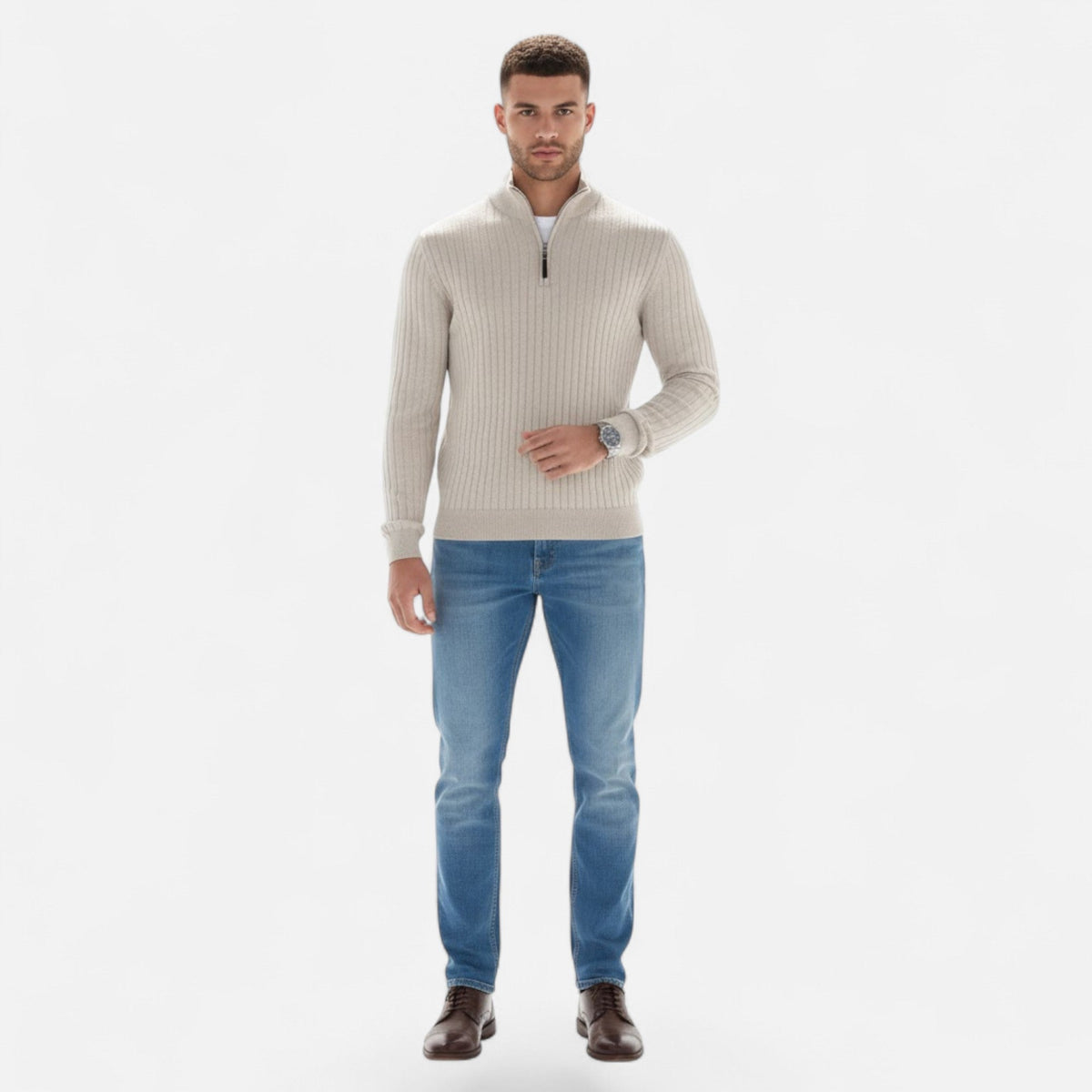 Men's Fine Vertical Rib Zip Neck Knitted Sweater