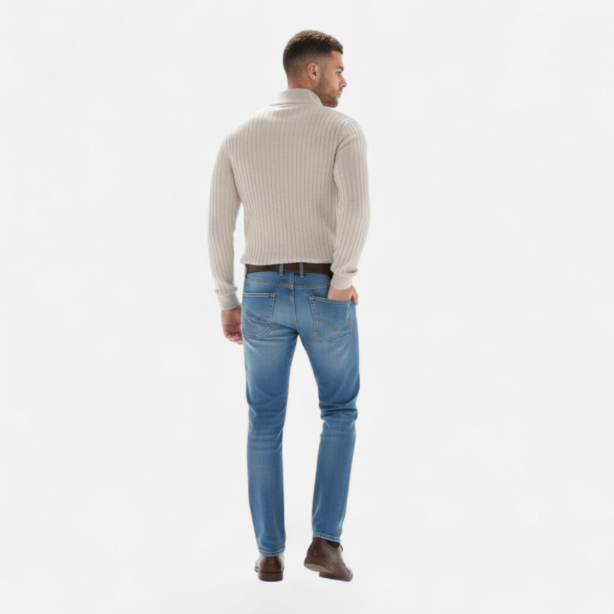 Men's Fine Vertical Rib Zip Neck Knitted Sweater
