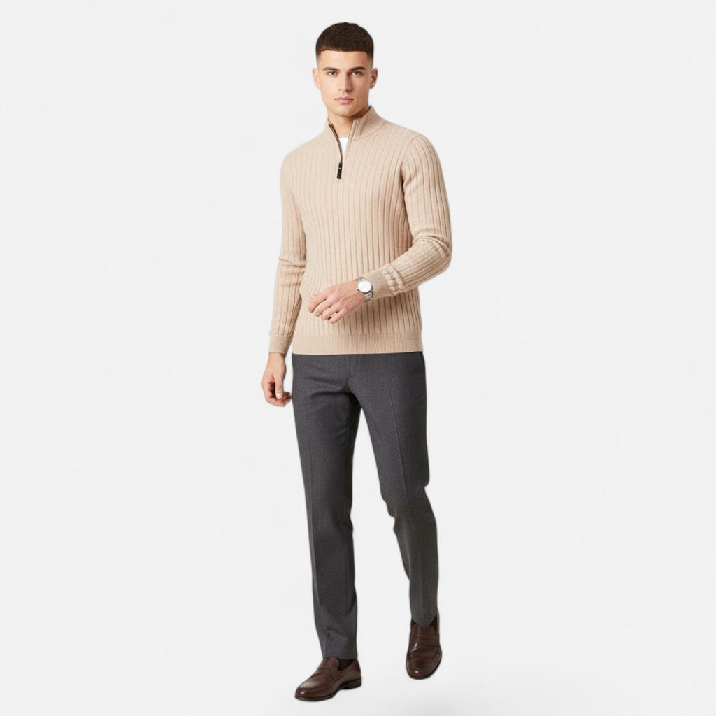 Men's Fine Vertical Rib Zip Neck Knitted Sweater