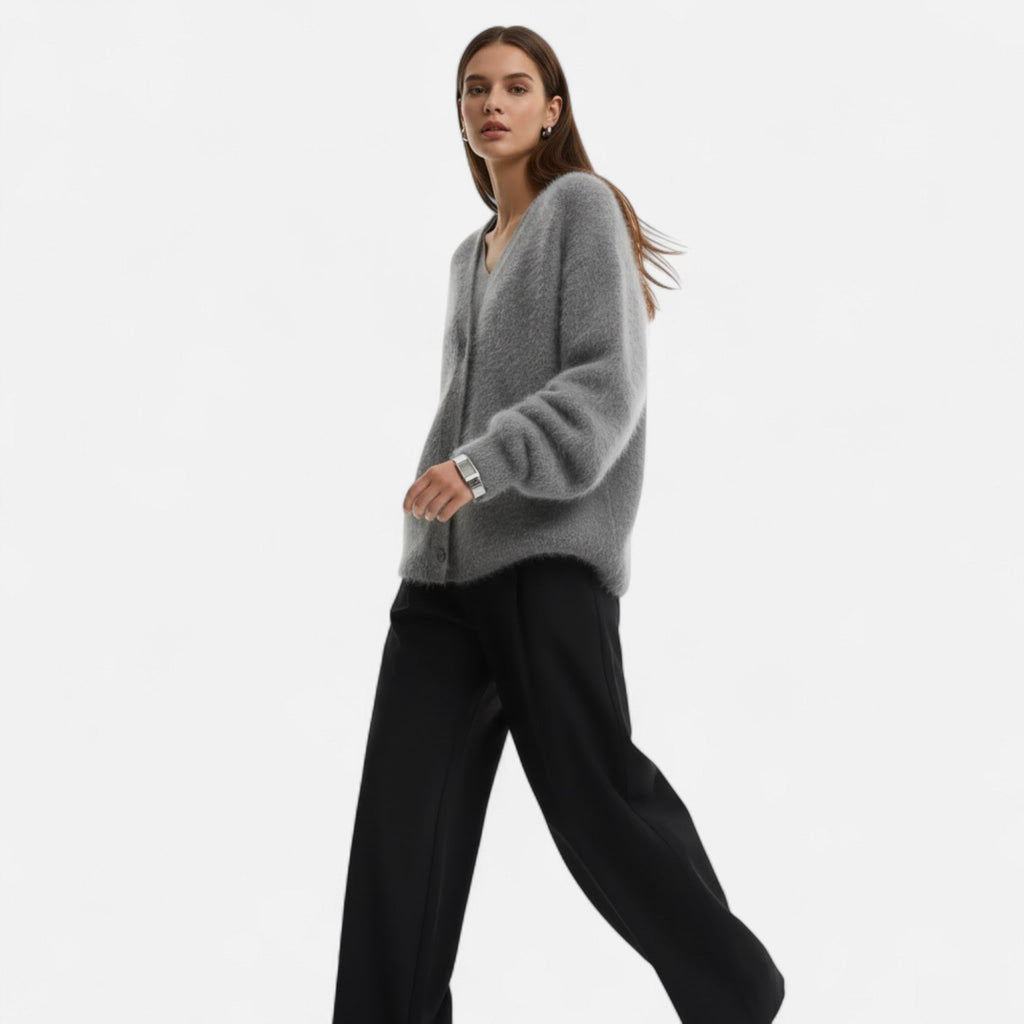 Women's Relaxed Draped Buttoned V-Neck Sweater Cardigan