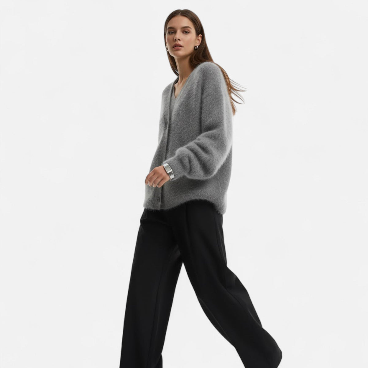 Women's Relaxed Draped Buttoned V-Neck Sweater Cardigan