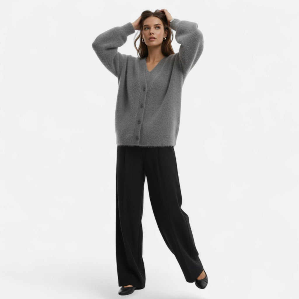 Women's Relaxed Draped Buttoned V-Neck Sweater Cardigan