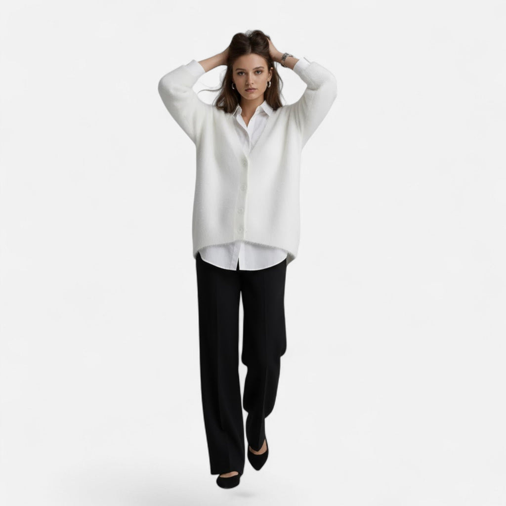 Women's Relaxed Draped Buttoned V-Neck Sweater Cardigan