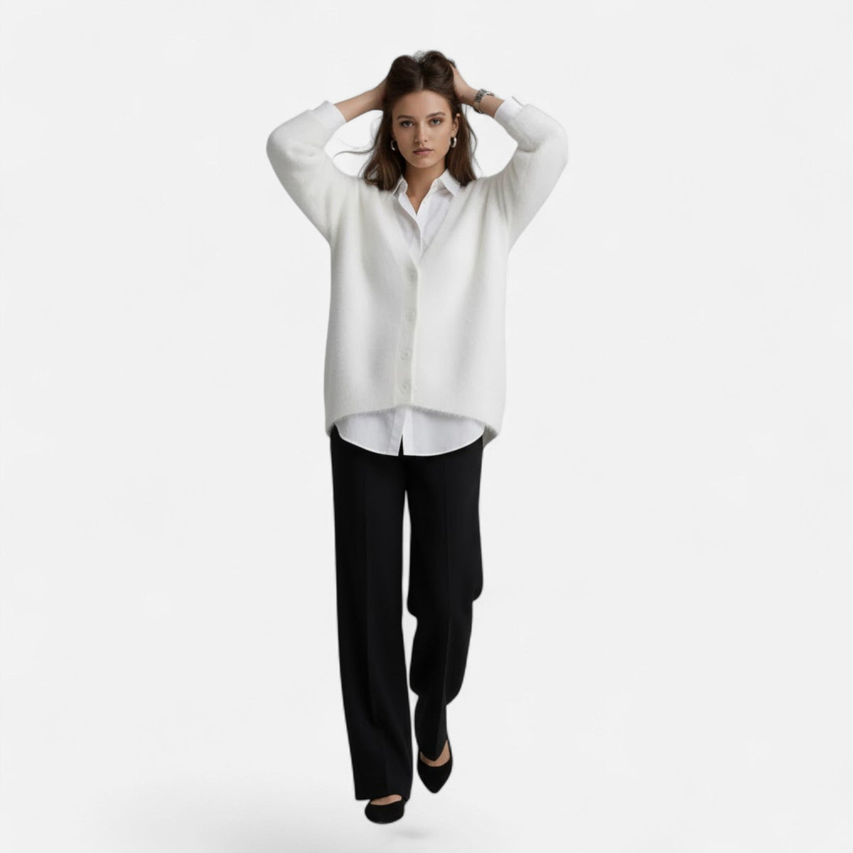 Women's Relaxed Draped Buttoned V-Neck Sweater Cardigan