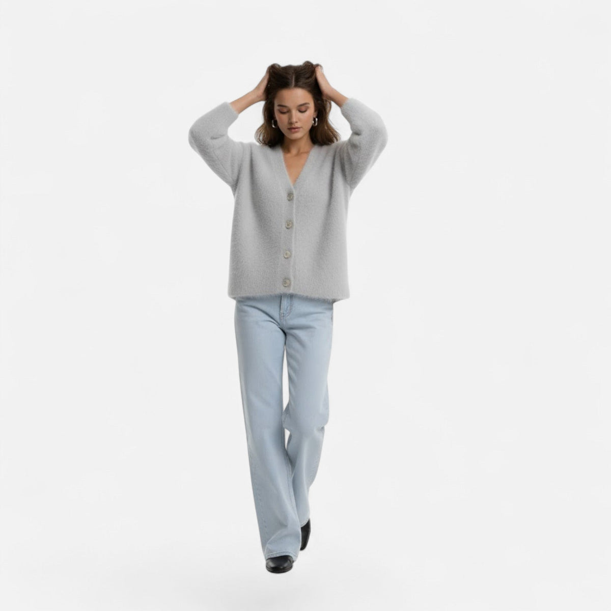 Women's Relaxed Draped Buttoned V-Neck Sweater Cardigan