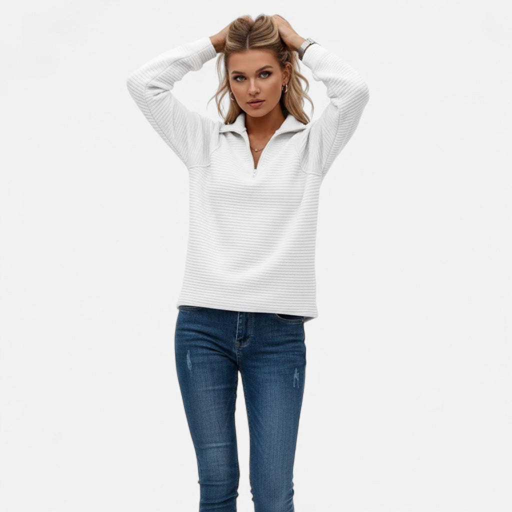 Women's Subtle Stripe Stand-Neck Zip Sweater