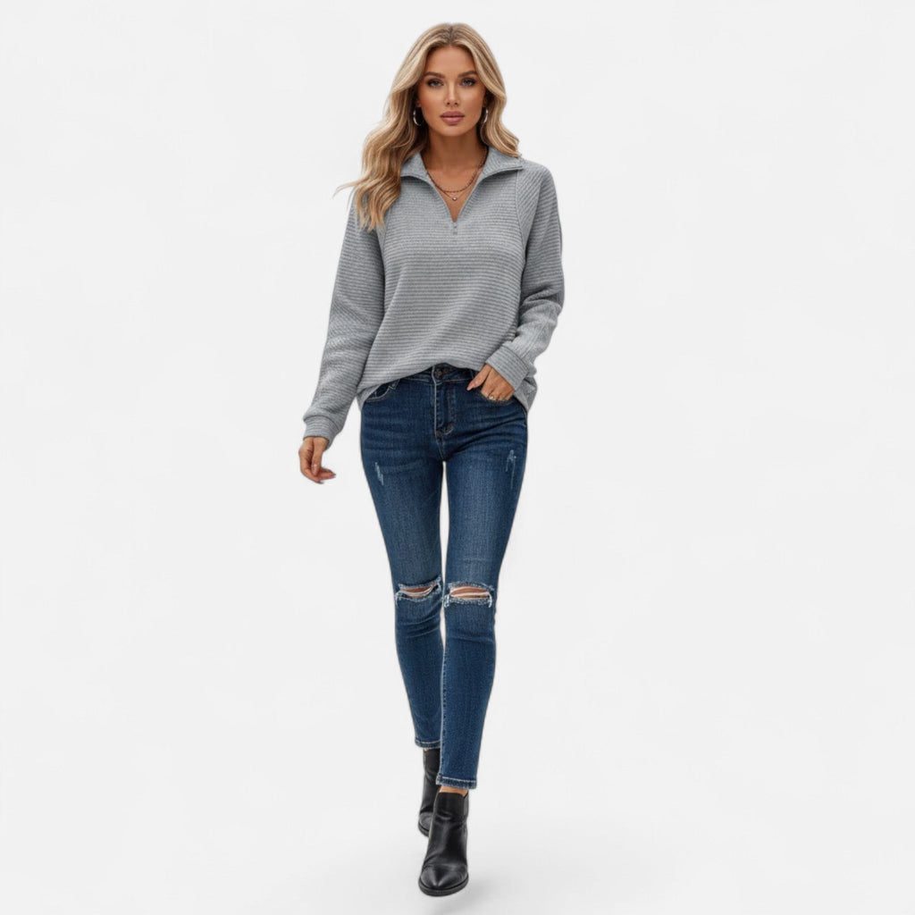 Women's Subtle Stripe Stand-Neck Zip Sweater