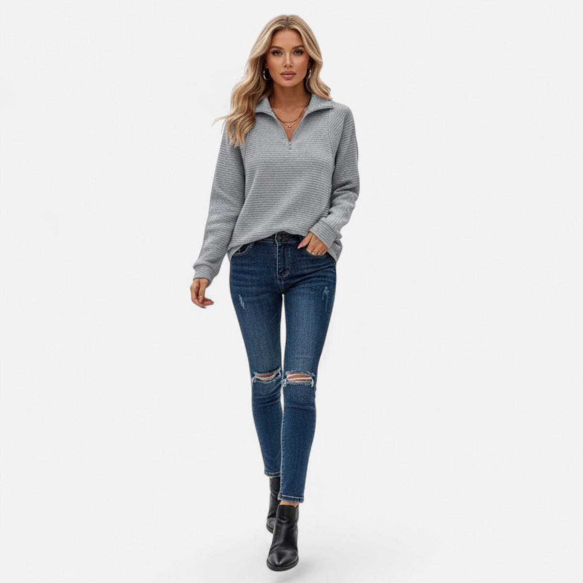 Women's Subtle Stripe Stand-Neck Zip Sweater