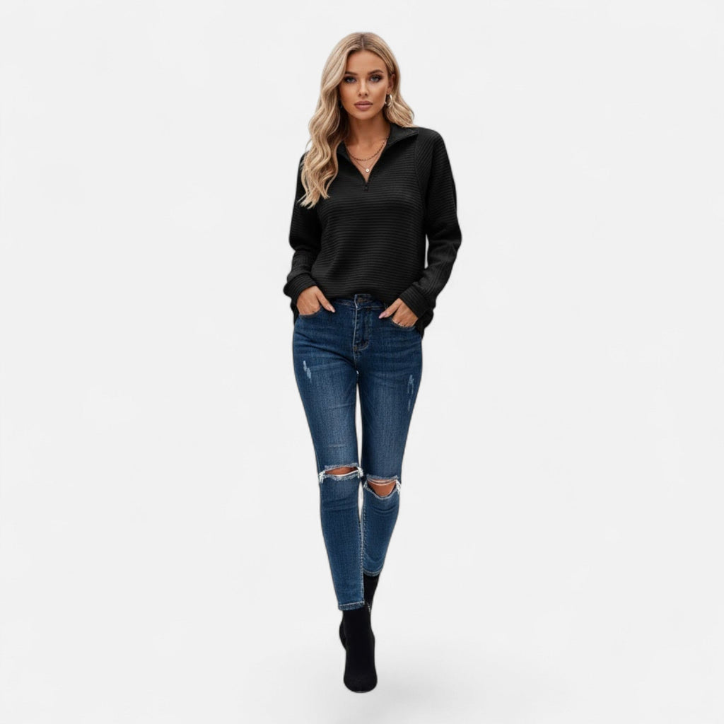Women's Subtle Stripe Stand-Neck Zip Sweater