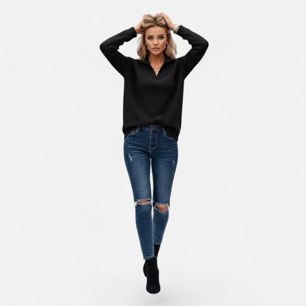 Women's Subtle Stripe Stand-Neck Zip Sweater