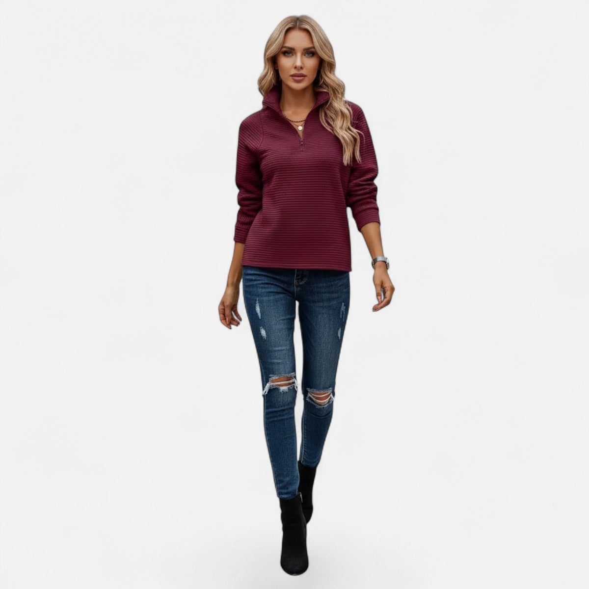 Women's Subtle Stripe Stand-Neck Zip Sweater