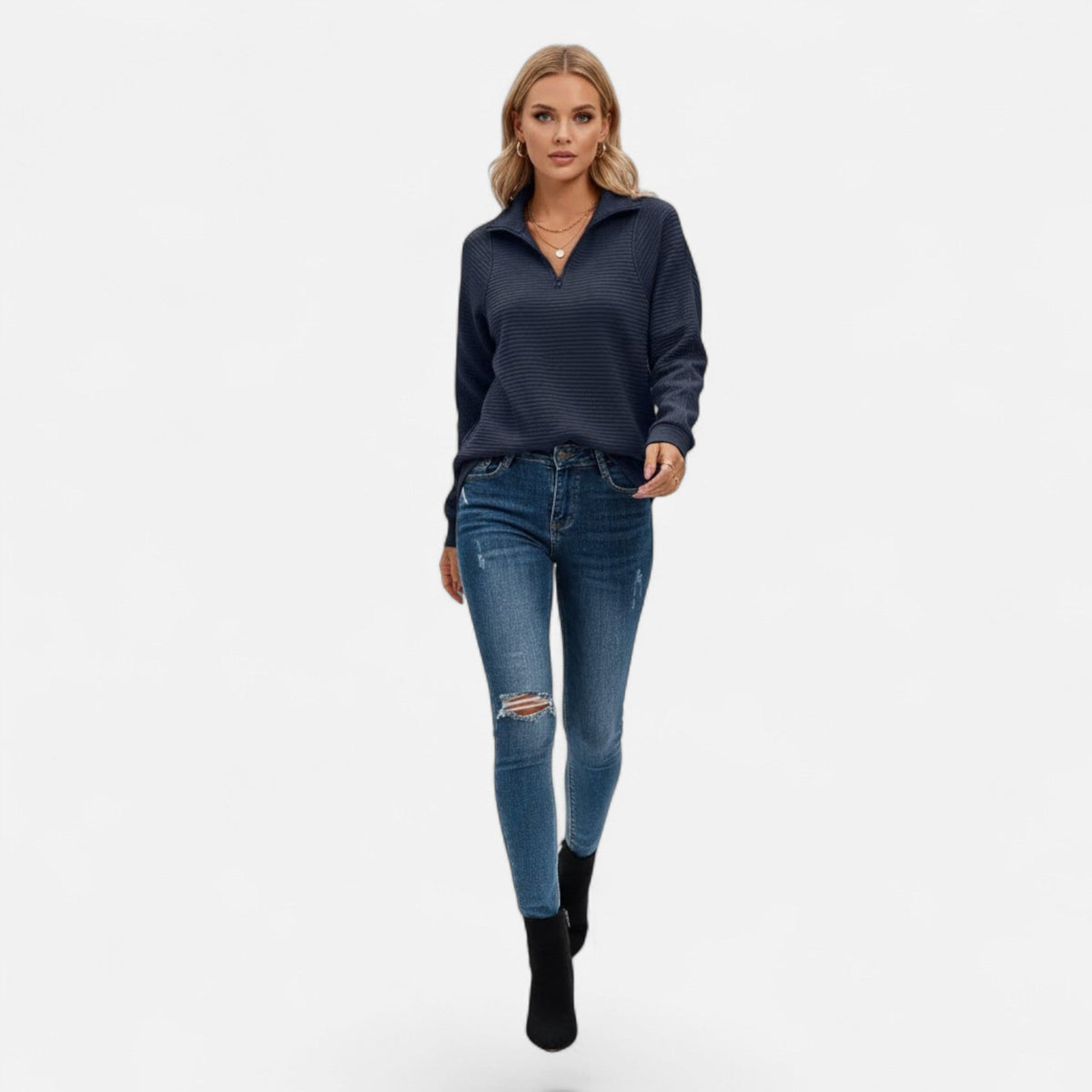 Women's Subtle Stripe Stand-Neck Zip Sweater