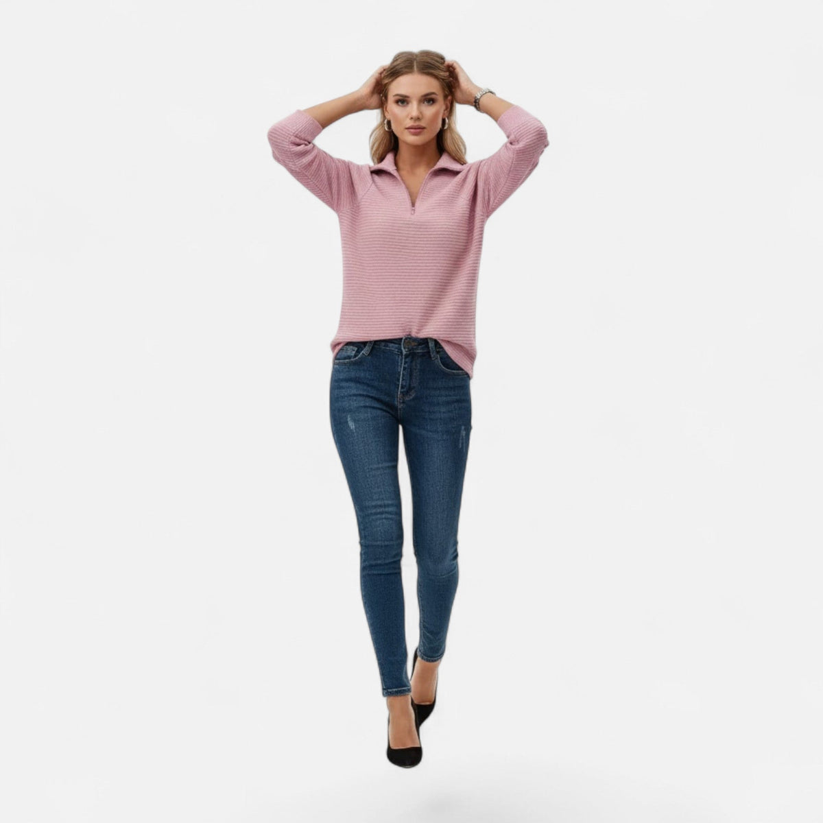 Women's Subtle Stripe Stand-Neck Zip Sweater
