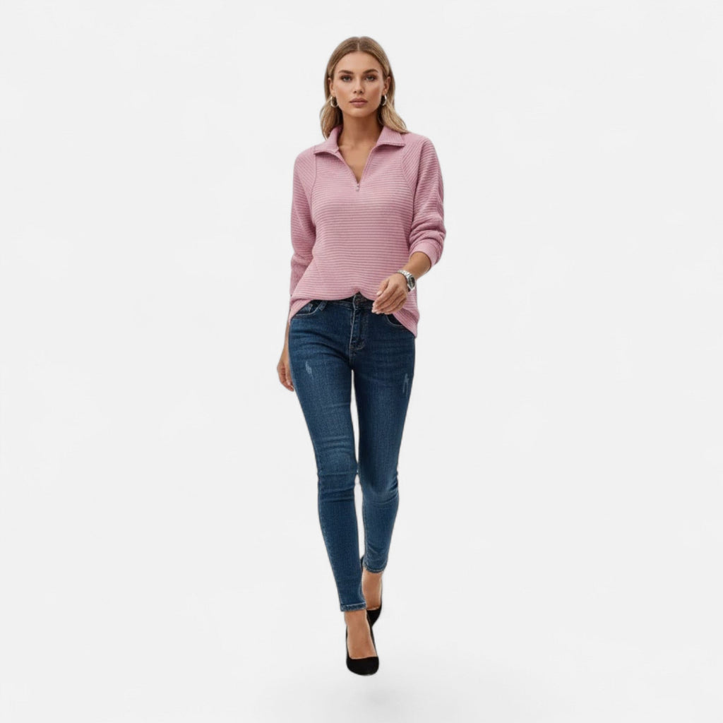 Women's Subtle Stripe Stand-Neck Zip Sweater