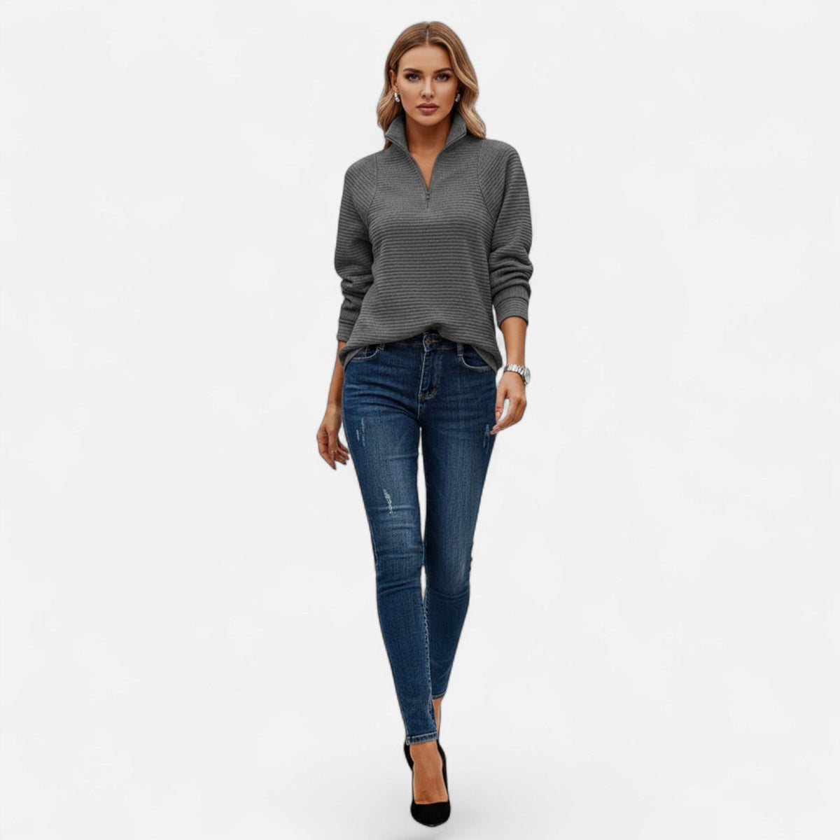 Women's Subtle Stripe Stand-Neck Zip Sweater