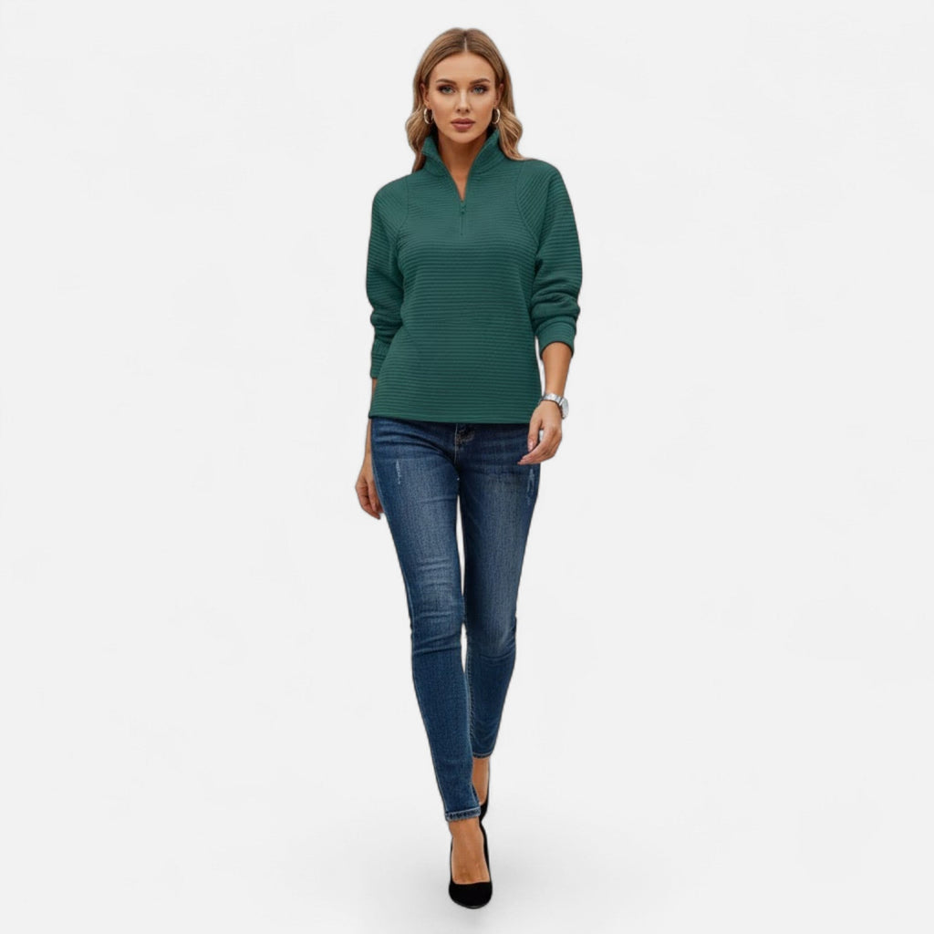 Women's Subtle Stripe Stand-Neck Zip Sweater
