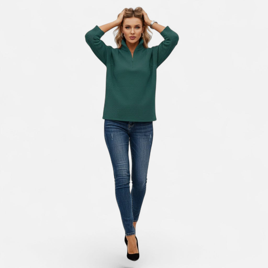 Women's Subtle Stripe Stand-Neck Zip Sweater