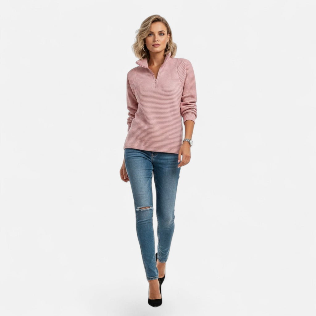 Women's Subtle Stripe Stand-Neck Zip Sweater