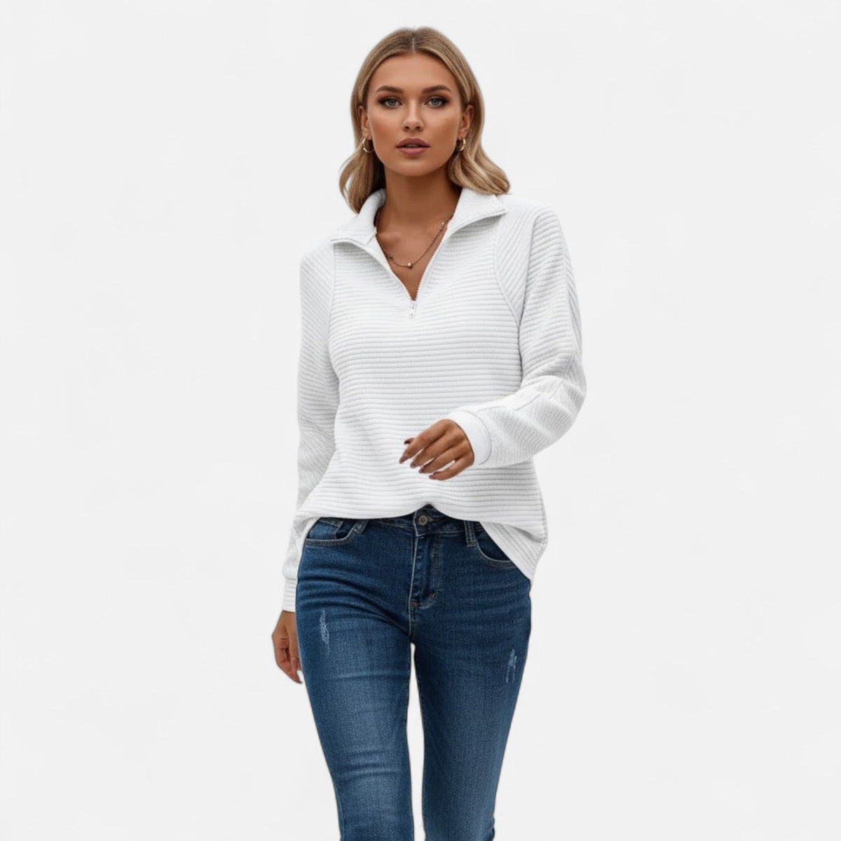Women's Subtle Stripe Stand-Neck Zip Sweater