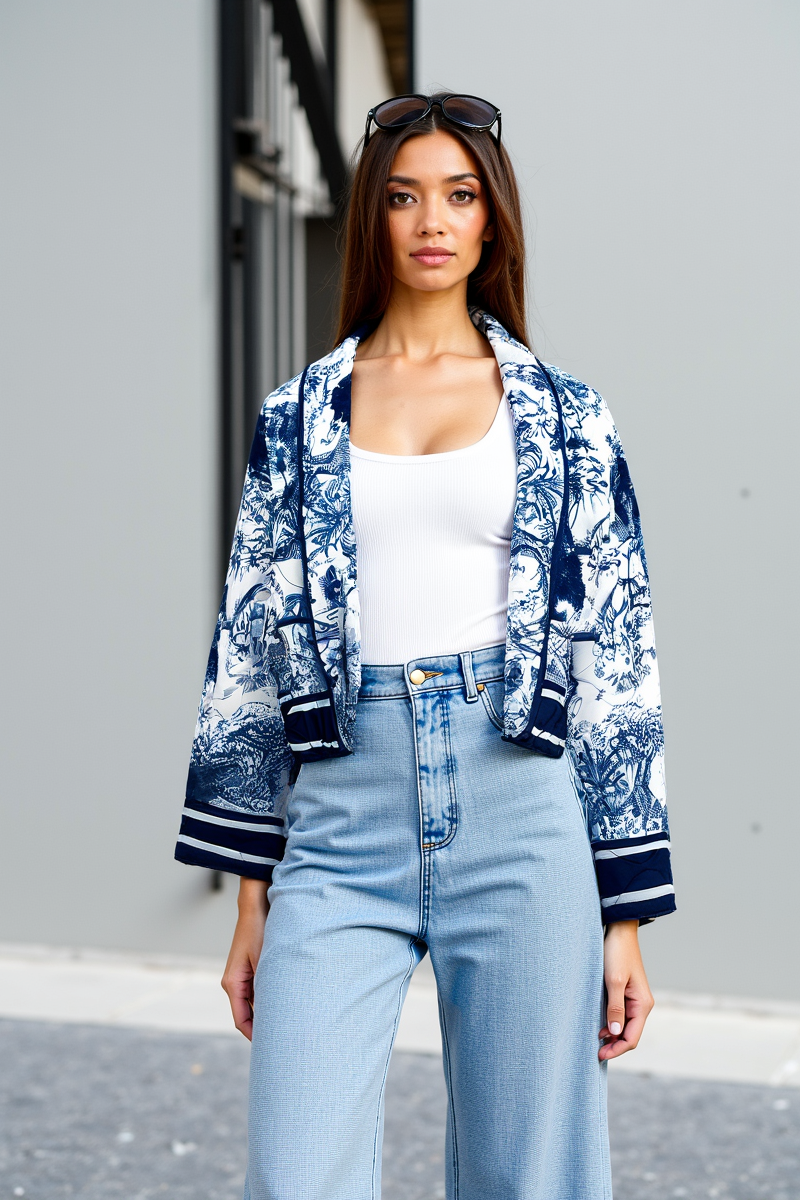 Women's Floral Print Quilted Jacket with Roomy Sleeves