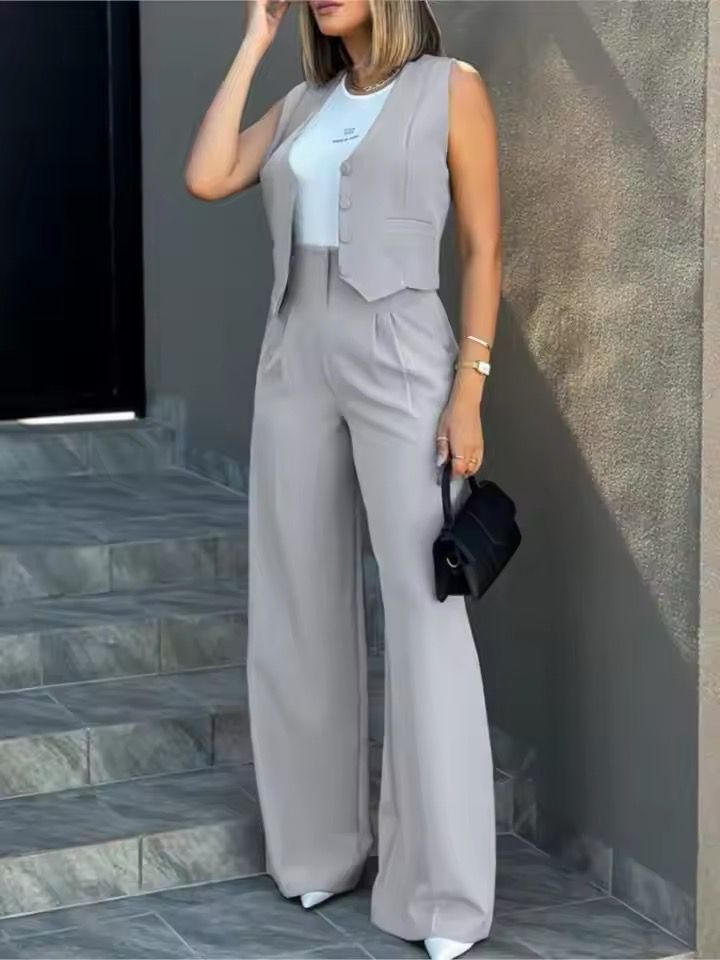 Women's Layered Vest Tailored Wide-Leg Pantsuit
