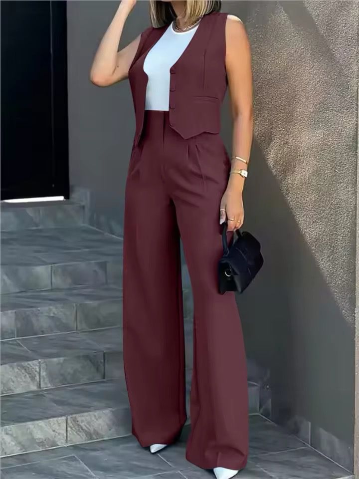 Women's Layered Vest Tailored Wide-Leg Pantsuit