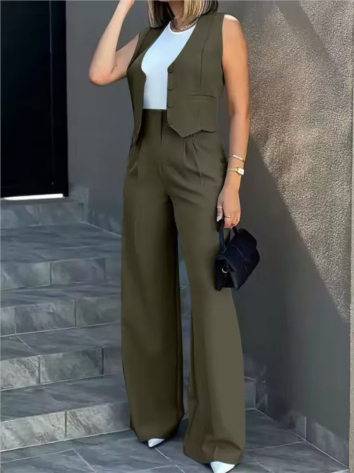 Women's Layered Vest Tailored Wide-Leg Pantsuit