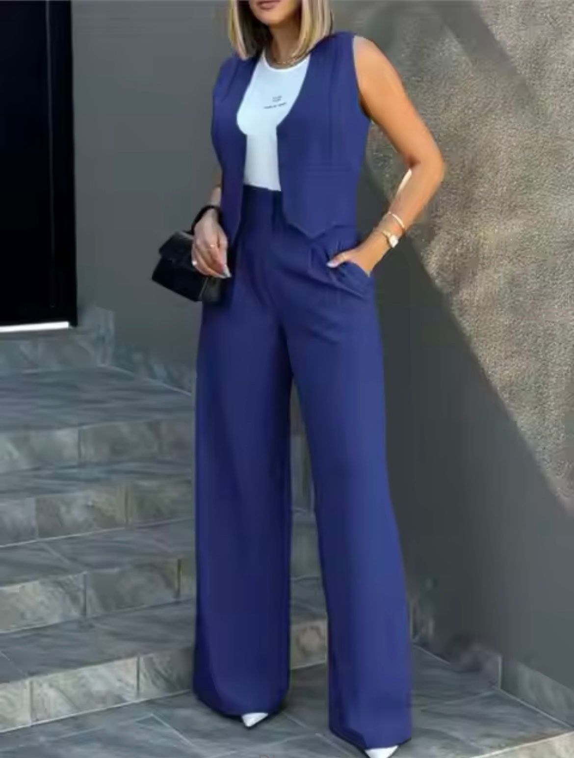 Women's Layered Vest Tailored Wide-Leg Pantsuit
