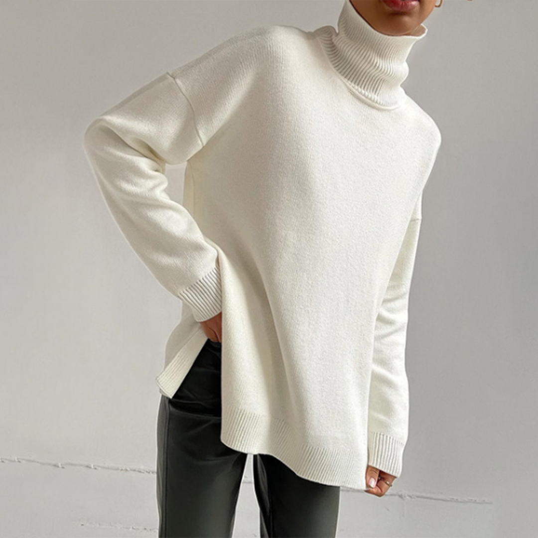 Women's Draped Relaxed Turtleneck Sweater with Split Hem