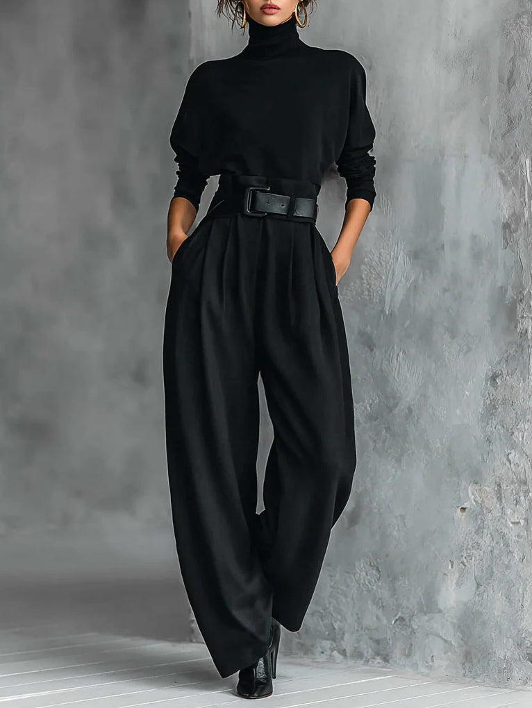 Women's Elegant High Neck Wide Leg Pants Outfit Set